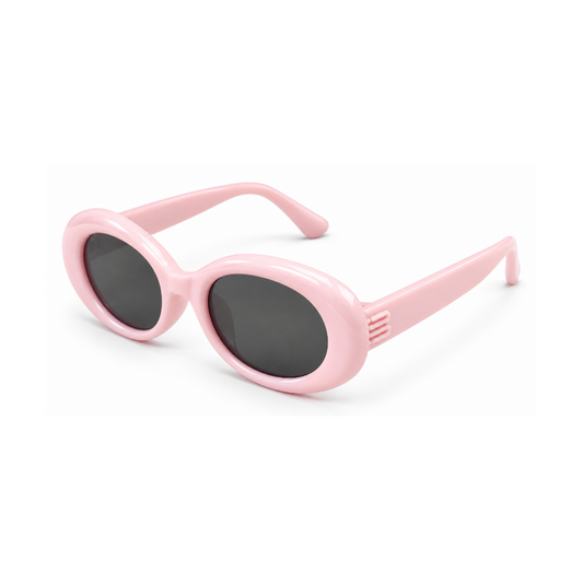 Pink oval sunglasses with dark gray lenses and matching pink temples, shown on a clean white background.